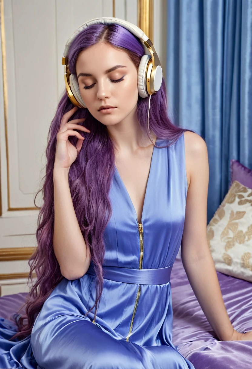 8k, digital image, hdr, sitting in room, lilac room, windows, a beautiful woman, 25 years old, sitting on the bed sideways, beautiful, eyes closed, long purple hair, with bleutoth headphones, blue silk dress, headphones by ear, ivory column with gold