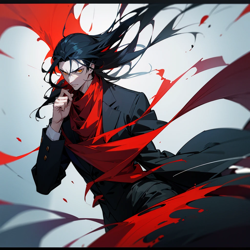 there is red gas around him: anime character antagonist: pale guy with long wet black hair, yellow eyes, dressed in a dark blue business suit, red scarf, his ability is to release a very dangerous gas from his body. it is a gas that deforms and mutates the bodies of those who inhale it. red gas. Comic style with detailed anime graphics. Realistic style with detailed anime art, colorful dark graphics.