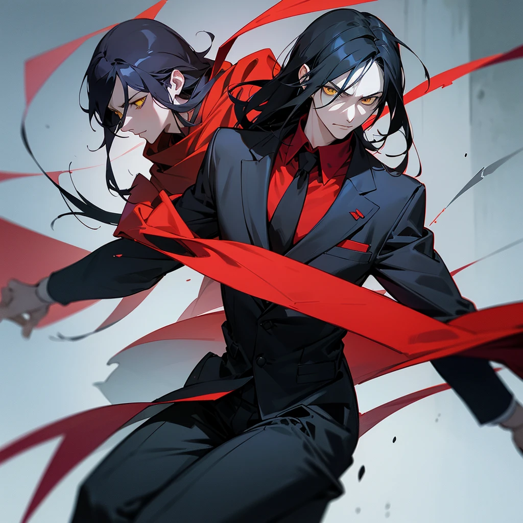 there is red gas around him: anime character antagonist: pale guy with long wet black hair, yellow eyes, dressed in a dark blue business suit, red scarf, his ability is to release a very dangerous gas from his body. it is a gas that deforms and mutates the bodies of those who inhale it. red gas. Comic style with detailed anime graphics. Realistic style with detailed anime art, colorful dark graphics.