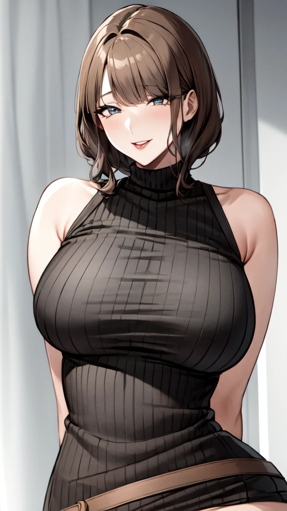 mature female,(large breasts:1.5),(shiny hair),((solo)),((masterpiece)),((best quality)),perfect anatomy,slim waist,perfect image,8k UHD,(beautiful detailed eyes:1.5),extremely detailed face,standing,(upper body:1.3),(look at the front:1.5),arms behindback,ultra-detailed,absurdres,highres,(light brown hair:1.5),((blunt bangs)),erotic lips,((sensitive smile)),sexy mature women,30 years-old,long hair,black ribbed sweater,sleeveless,mini skirt,