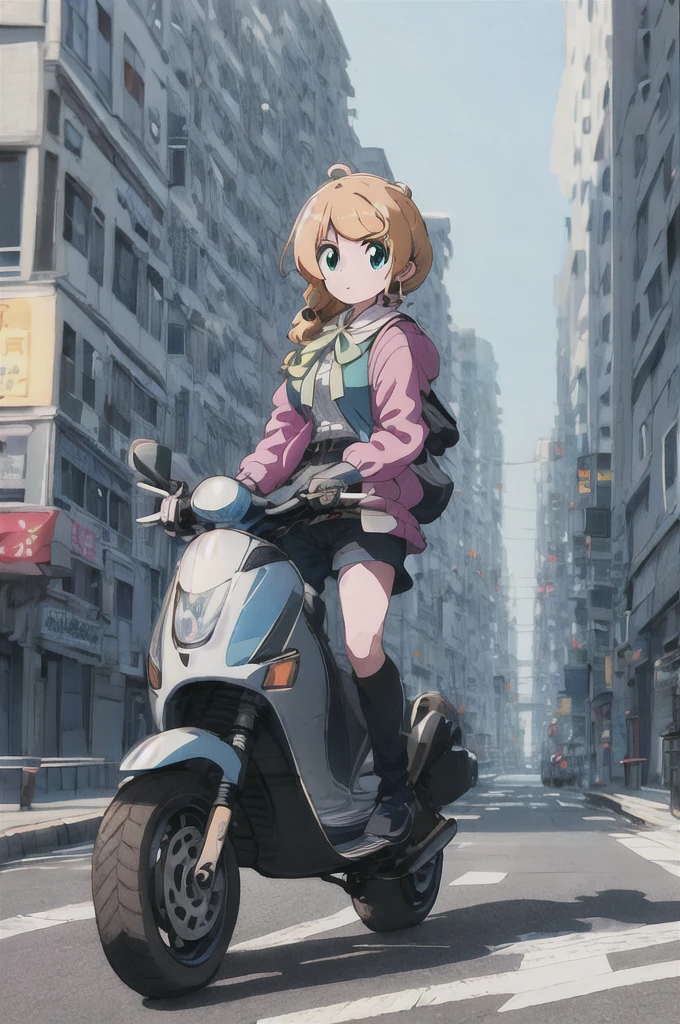 masterpiece,Highest quality,One girl,solo,Jacket,Put your hands in your pockets,Blonde、Street,mechanical,car,scooter,Panoramic View,Shelmet,Speed Line,Motion Blur,Depth of written boundary,See-through,Panoramic View,riding,Floating Hair,night,Neon Trim