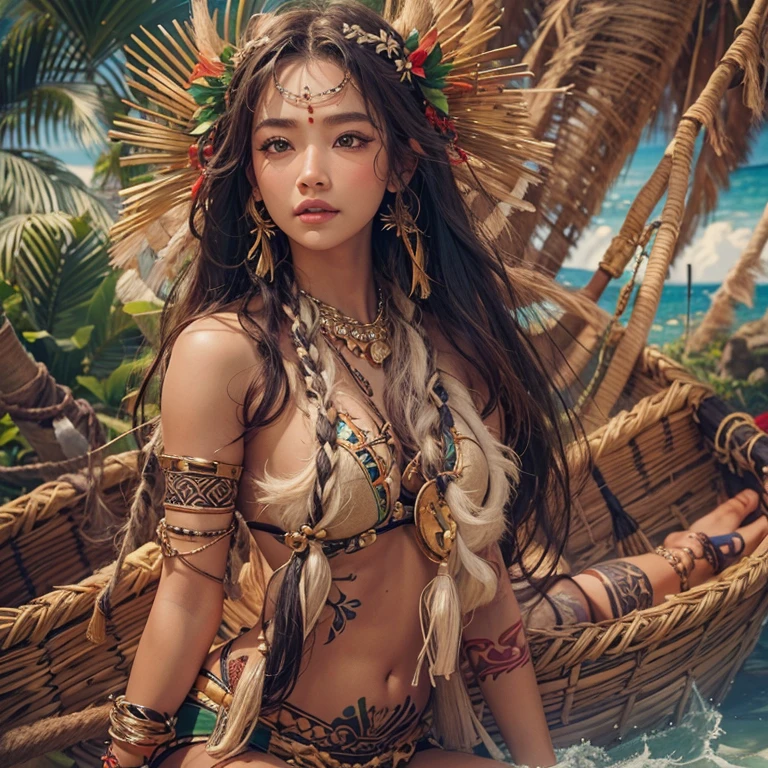Polynesian Sea、Hair blowing in the wind 、 ((Highest quality、masterpiece、8k、Best image quality、Ultra-high resolution、Award-winning works)、(Accurate anatomy:1.1)、(Look at me and smile:1.0)、Shining fair skin with Ultra-high resolution、The most detailed face、Ultra-high resolution detailed face、Ultra-high resolutionの髪の毛、(Ultra-high resolution eye:1.1)、Beautiful face drawn in every detail、Polynesian Costume,Small breasts, Polynesian Tattoo, Polynesian canoe、Wearing Polynesian costumes:1.2.