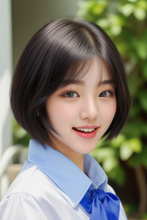 1 korean girl、high school Student uniform、very beautiful face、strikingly beautiful, eyes hook the soul seduces you, shiny white shiny skin、Best Looks、black hair, ((very short hair)), Very beautiful 、Big eyes that shine crystal clear light blue、Beautiful cute beautiful girl, (((super close up of mouth)))、(Opens mouth wide and shows throat)、(Smile with mouth wide open)、tongue、long tongue、(tongue out)、teak、lip