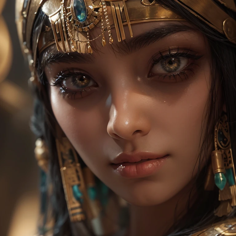 Standing in an ancient Egyptian cave、Blowing hair 、 ((Highest quality、masterpiece、8k、Best image quality、Ultra-high resolution、Award-winning works)、(Accurate anatomy:1.1)、(Look at me and smile:1.0)、Shining fair skin with Ultra-high resolution、The most detailed face、Ultra-high resolution detailed face、Ultra-high resolutionの髪の毛、(Ultra-high resolution eye:1.1)、Beautiful face drawn in every detail、Ancient Egyptian costumes, Chest to chest, Dark atmosphere,Dark Light, Ancient Egyptian makeup,