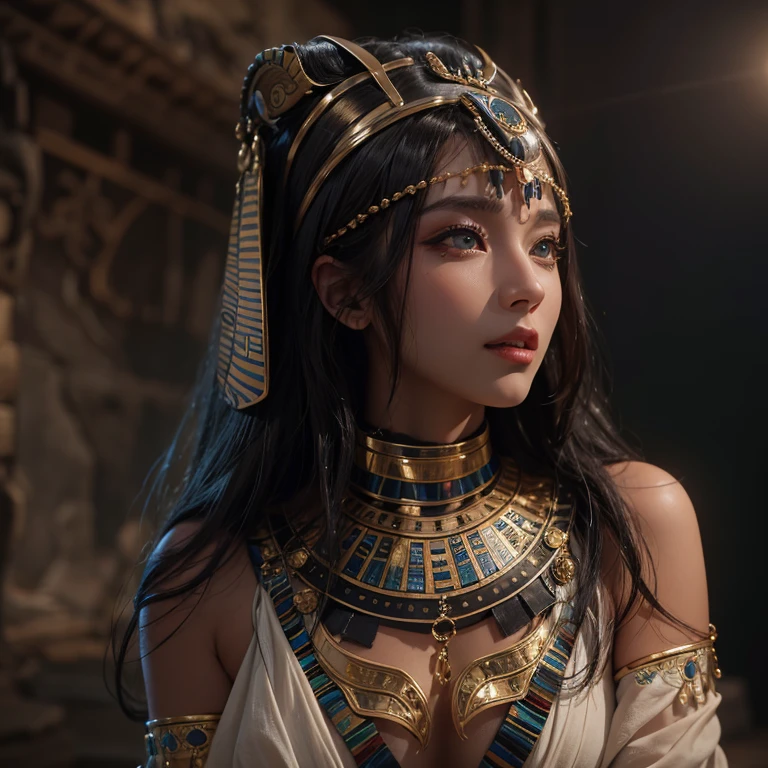 Standing in an ancient Egyptian cave、Blowing hair 、 ((Highest quality、masterpiece、8k、Best image quality、Ultra-high resolution、Award-winning works)、(Accurate anatomy:1.1)、(Look at me and smile:1.0)、Shining fair skin with Ultra-high resolution、The most detailed face、Ultra-high resolution detailed face、Ultra-high resolutionの髪の毛、(Ultra-high resolution eye:1.1)、Beautiful face drawn in every detail、Ancient Egyptian costumes, Chest to chest, Dark atmosphere,Dark Light, Ancient Egyptian makeup,
