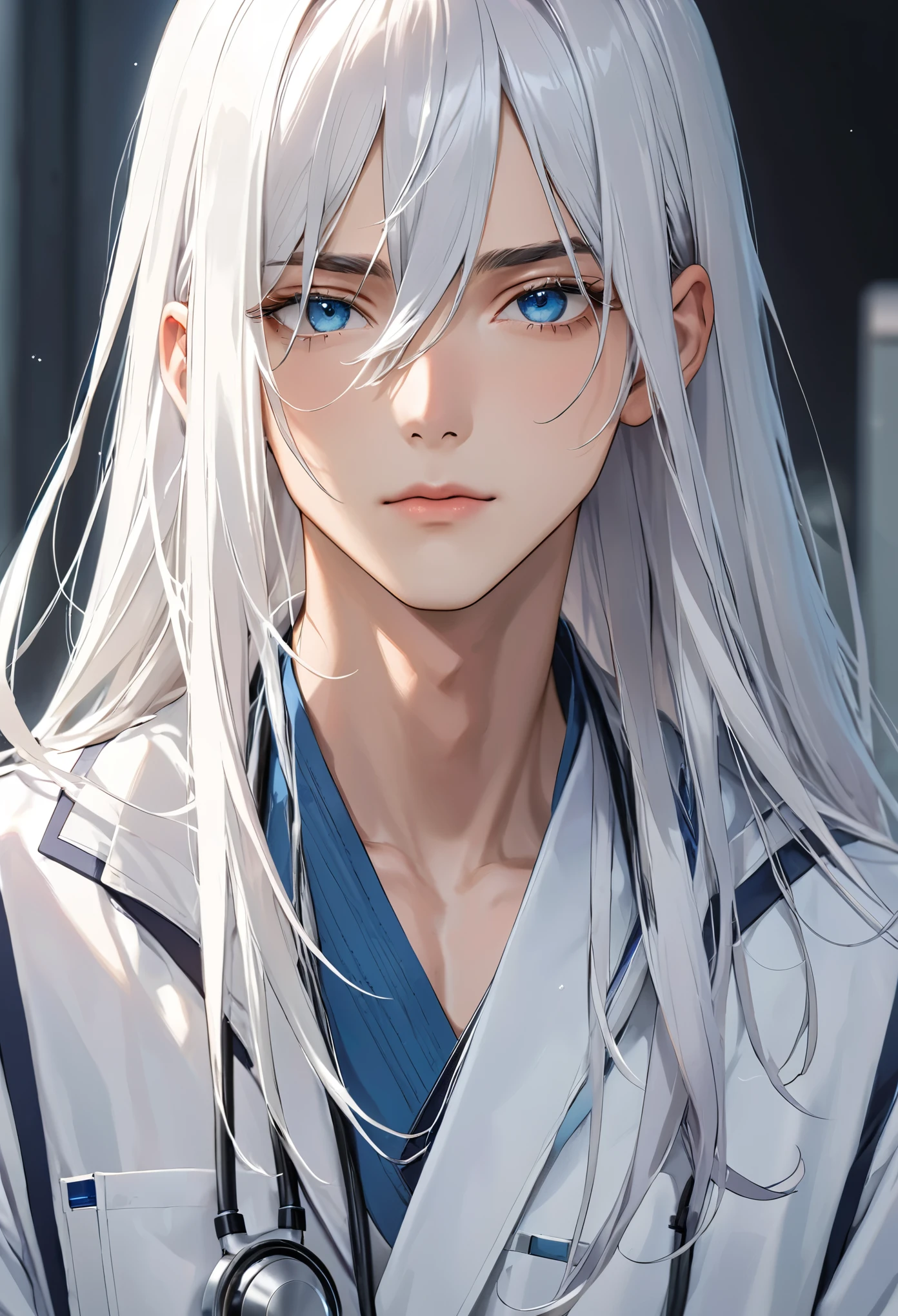 One man、cool、Long white hair(Straight Hair)、doctor's white coatを着ている、Blue Eyes、Gaze Here
