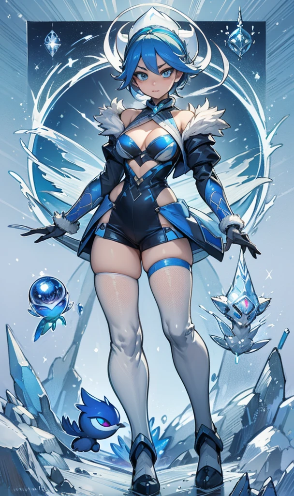 (high-res, vivid colors), blue bird alien, detailed feathers, sparkling eyes, alien landscape, vibrant colors, surreal atmosphere, glowing lights, otherworldly features, intricate patterns, dreamlike scenery, Arctic Frost Ranger: A suit featuring icy blue and frosty white hues, accented with snowflake patterns and frost crystals. This Ranger commands the power of ice and cold, with abilities such as creating blizzards, forming ice constructs for defense, and freezing enemies in their tracks.