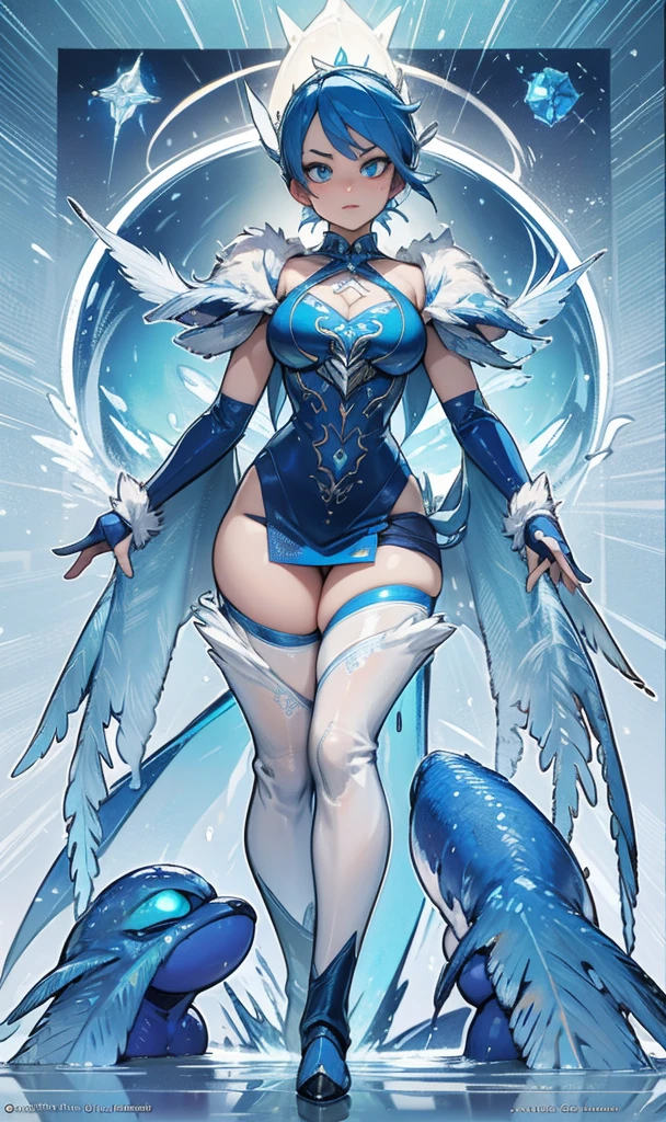 Blue Crystal magic, cryo hawk girl, large breasts (H size), slingshot ice bikini armor, crystal wings, snow magic, white ponytail hair, blue feather