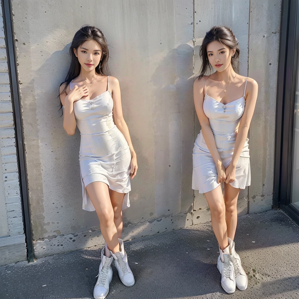 (a girl pretty girl with perfect figure), (Short flared dress), (white bra), (strapless dress), (cotton spaghetti-strap top :1.2), ((Hem full flared dress)), (midi(32K,1 20-year-old girl, The light from the rear window is backlit, Ray traching), (full body), (white sneakers), (a pair of white leather boots, highly detailed boots), (hair black), (two-parted hair :1.3), (very thick hair), (hands close to the body), (Slender chest), (visible shoe sole :1,5), (short upper chest :1.5), (pectoral muscles are large :1.5), (upper breasts are firm and round :1.5), (stretches chest stretching), (stand upright), (two shoe ends), (two shoe toes) ,(put on blush), (apply powder), (makeup), (standing), (asian girl princess), (Oversized T-shirt with excess fabric when tucked into a skirt), (seamless dress), (long shins) , (big shins), (A hem full flared dress)