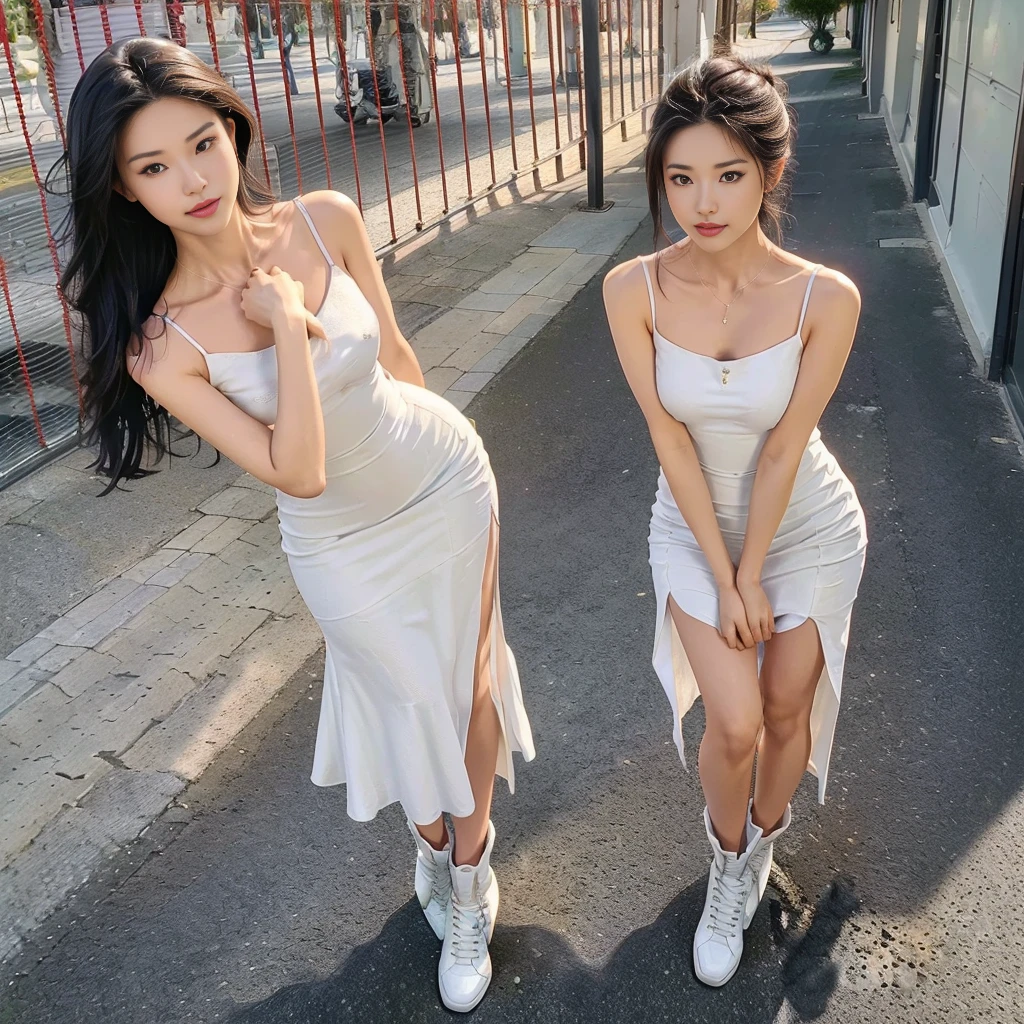 (a girl pretty girl with perfect figure), (Short flared dress), (white bra), (strapless dress), (cotton spaghetti-strap top :1.2), ((Hem full flared dress)), (midi(32K,1 20-year-old girl, The light from the rear window is backlit, Ray traching), (full body), (white sneakers), (a pair of white leather boots, highly detailed boots), (hair black), (two-parted hair :1.3), (very thick hair), (hands close to the body), (Slender chest), (visible shoe sole :1,5), (short upper chest :1.5), (pectoral muscles are large :1.5), (upper breasts are firm and round :1.5), (stretches chest stretching), (stand upright), (two shoe ends), (two shoe toes) ,(put on blush), (apply powder), (makeup), (standing), (asian girl princess), (Oversized T-shirt with excess fabric when tucked into a skirt), (seamless dress), (long shins) , (big shins), (A hem full flared dress)