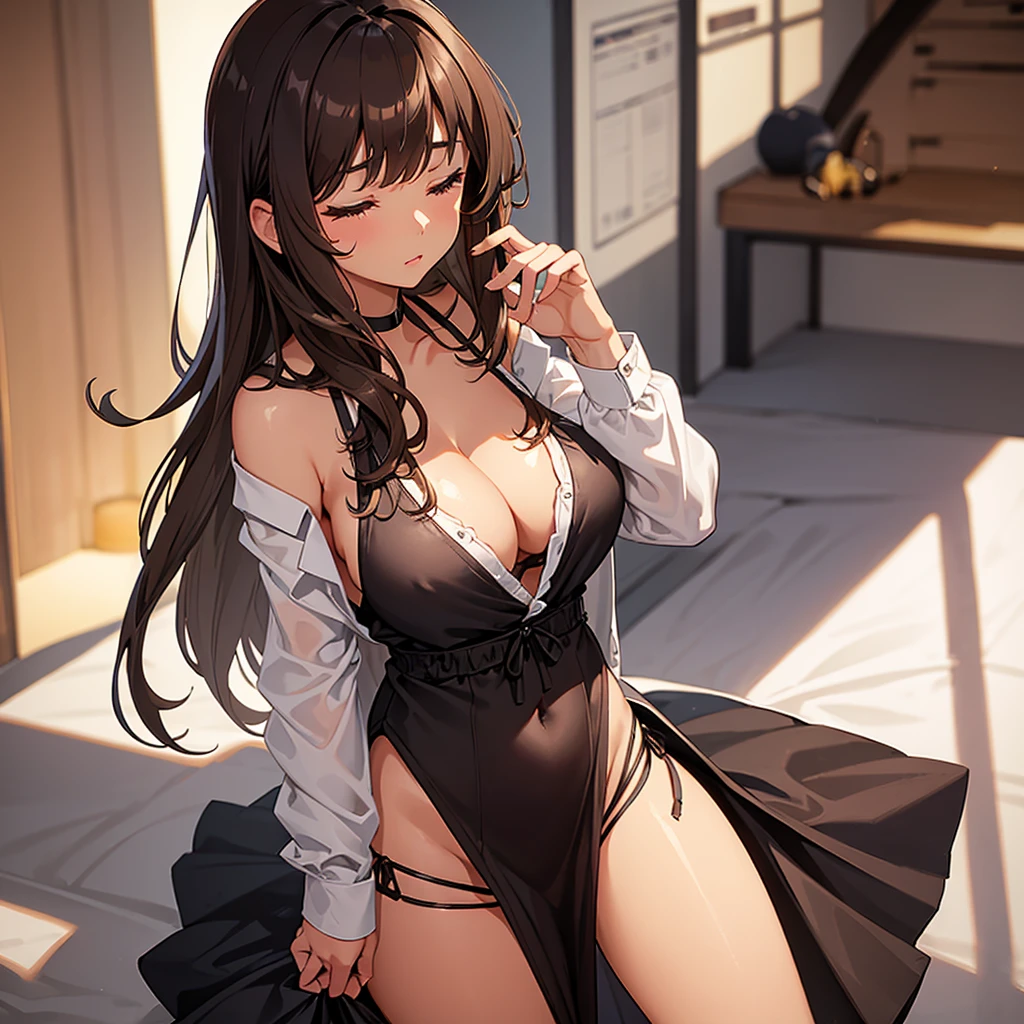 a brunette girl with brown skin, dark brown hair, medium hair, wavy hair with platinum blonde highlights and a styled fringe hair bang, With her eyes closed, covering her big breasts while her dress shirt unbuttons, While wearing thong panties 