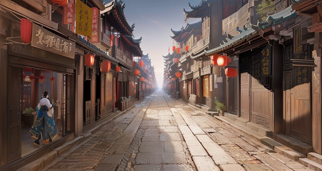 There is a painting,There is a street in the painting,Old city streets, Chinese streets, Traditional Chinese Concept Art, Beautiful rendering of the Ming Dynasty, China Town, Dreamy Chinatown, Anime Landscape Concept Art, Chinese feudal background, China city, Ancient city landscape, dota matte concept art, Feudal Chinese art