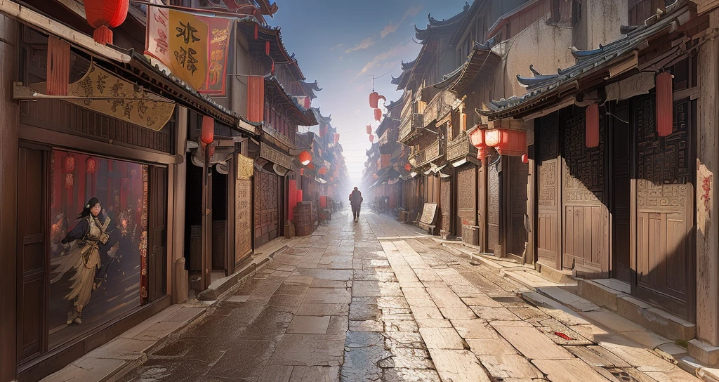 There is a painting,There is a street in the painting,Old city streets, Chinese streets, Traditional Chinese Concept Art, Beautiful rendering of the Ming Dynasty, China Town, Dreamy Chinatown, Anime Landscape Concept Art, Chinese feudal background, China city, Ancient city landscape, dota matte concept art, Feudal Chinese art