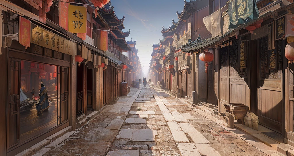 There is a painting,There is a street in the painting,Old city streets, Chinese streets, Traditional Chinese Concept Art, Beautiful rendering of the Ming Dynasty, China Town, Dreamy Chinatown, Anime Landscape Concept Art, Chinese feudal background, China city, Ancient city landscape, dota matte concept art, Feudal Chinese art