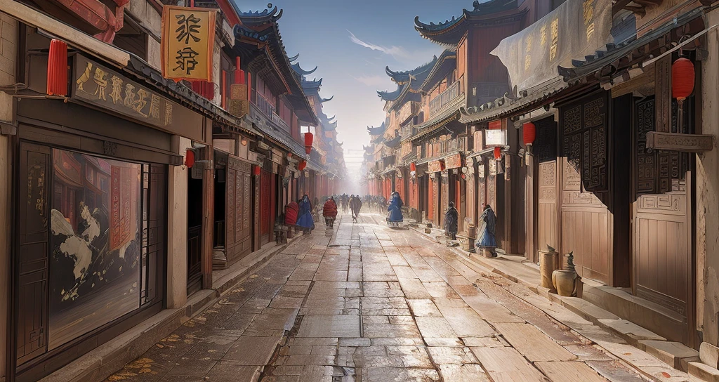 There is a painting，There is a street in the painting，Old city streets, Chinese streets, Traditional Chinese Concept Art, Beautiful rendering of the Ming Dynasty, China Town, Dreamy Chinatown, Anime Landscape Concept Art, Chinese feudal background, China city, Ancient city landscape, dota matte concept art, Feudal Chinese art