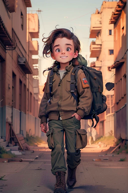 BOY, Long eyelashes, mischievous grin, very tousled brown tousled long hair, Brown sweatshirt, brown military trousers with patch pockets, massive high infantry boots, backpack, curiosity, big brown eyes, in a Soviet abandoned urban village,  8 k, Super Detail, accurate, Best quality, masterpiece, high detail