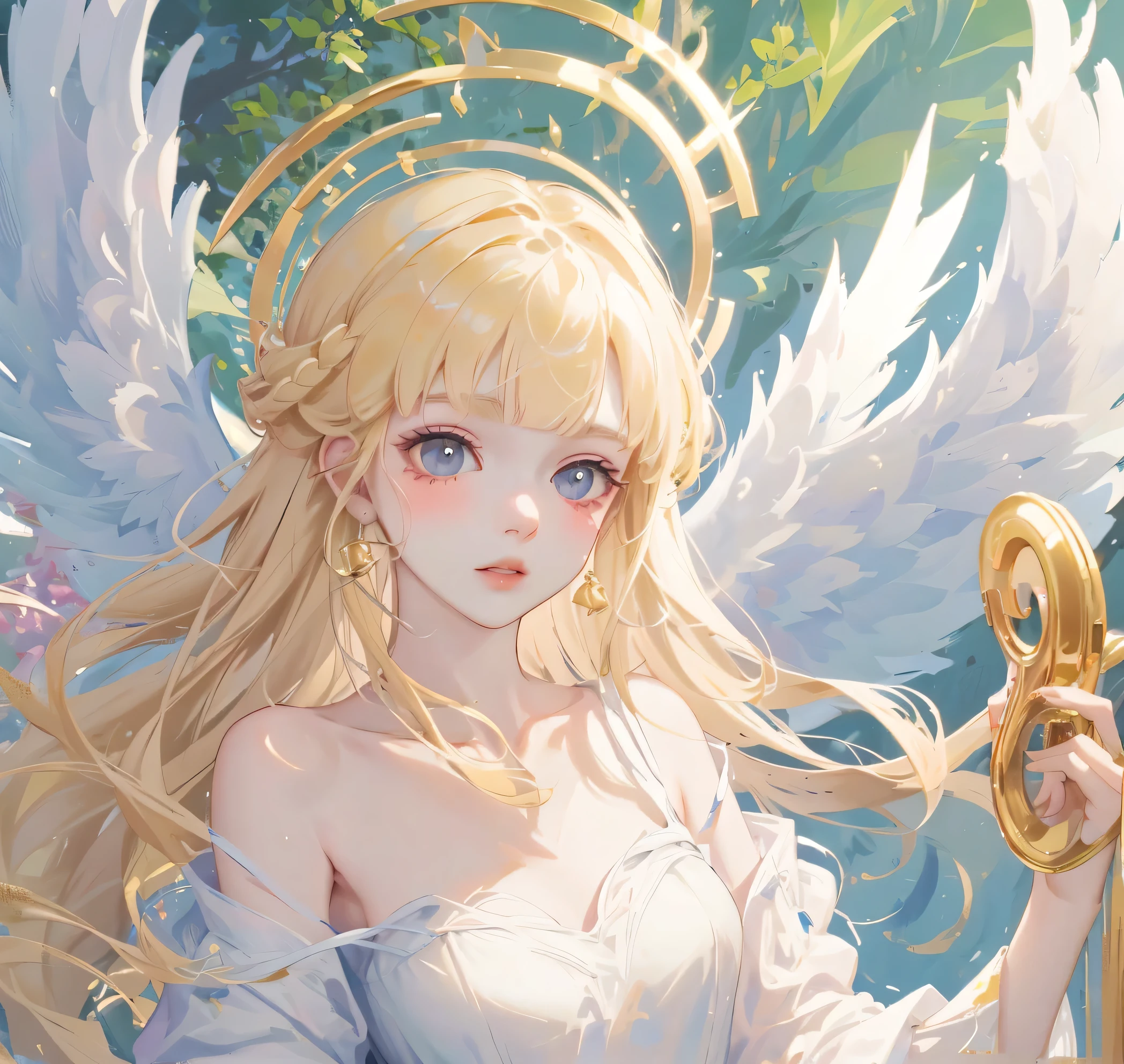 (High quality) (best quality) (A woman) (correct physiognomy) woman, long blonde hair with bangs on her forehead, four small angel wings emerge from her head, two on the left side and two on the right side, two wings of angel emerging from her back, a golden halo behind her head, golden eyes, sensitive lips, feminine appearance, soft facial features, thin eyebrows, soft skin, slightly blushed cheeks, pink lips, silky eyelashes, dreamy expression, middle age , white dress with straps on the shoulders, skirt cut diagonally leaving one leg exposed, location of the photo the woman must be in the middle of the forest, photo illuminated by sunlight, full body proportion, showing in the photo the body from head to torso
