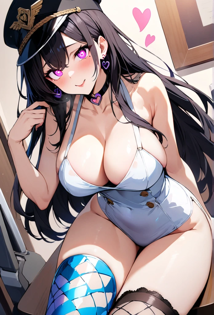 {lady with shoulder-length black long hair named Rico}, enamel leotard,tall,''black hair,military hat,military coat,lovestruck,grossy lips,pink eyes, (It feels like saying Hello, daytime hours), indoor,{going out style}, ((Heart-shaped choker) ), (office room), Bright background,purple eyes, Mole under the eye, Heart-shaped purpils, ((Masterpiece)), Highly detailed CG Unity 8k wallpaper), Top quality,, Detailed background, beautifully detailed eyes, heart shaped pupils,hollow eyes, looking at viewer,(very delicate and beautiful)), ((beautiful) eyes (detailed description),extra large breasts, ,floating heart,sadistic smile,growing eyes,try to show me legs,sitting on chair,earring,from ,,,enamel thighhigh,put hands on skirt,glowing eyes,,garter,no sleeve,,masterpiece,