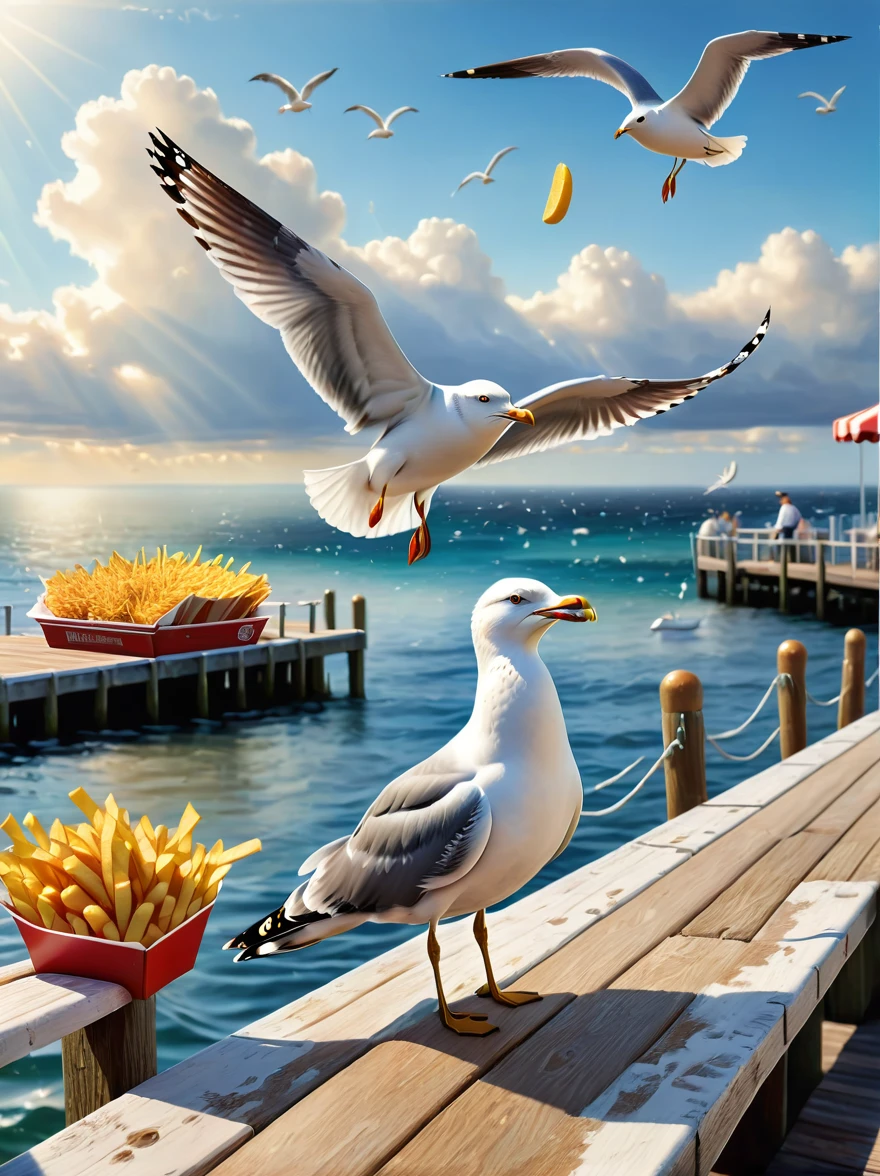 (best quality,4k,8k,highres,masterpiece:1.2),ultra-detailed,(realistic,photorealistic,photo-realistic:1.37),illustration,a seagull stealing french fries,on a wooden pier,ocean,seagulls,bokeh,clouds,sunny,HDR,a man watching with amusement,in the style of Josh Byerly