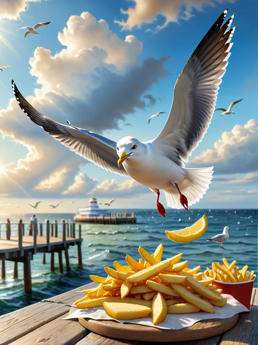 (best quality,4k,8k,highres,masterpiece:1.2),ultra-detailed,(realistic,photorealistic,photo-realistic:1.37),illustration,a seagull stealing french fries,on a wooden pier,ocean,seagulls,bokeh,clouds,sunny,HDR,a man watching with amusement,in the style of Josh Byerly