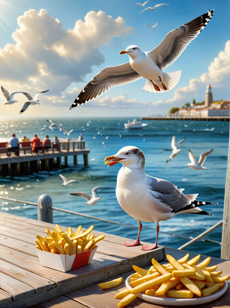 (best quality,4k,8k,highres,masterpiece:1.2),ultra-detailed,(realistic,photorealistic,photo-realistic:1.37),illustration,a seagull stealing french fries,on a wooden pier,ocean,seagulls,bokeh,clouds,sunny,HDR,a man watching with amusement,in the style of Josh Byerly