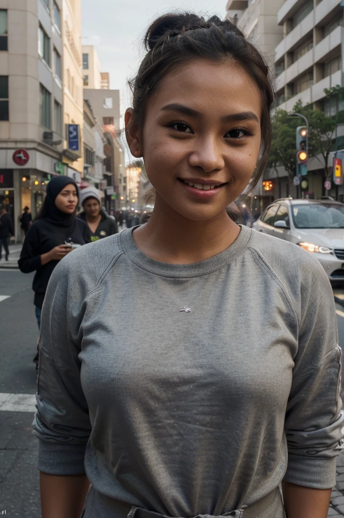 ( young Malay girl:1.3), Malay Face, (just a sweatshirt, baggy sweatpants), (hair in a bun:1.4),  (Details of a very beautiful face), detailed skin texture,  (Best quality:1.4), permission 8k, A high resolution, (фотоrealistic, A high resolution:1.4), Raw photo, (realistic, Photorealistic:1.37), Lip gloss, parted lips, Nose, realistic,on the streets(people in the background),Cinematic lighting, Greasy face, fat body, smiling