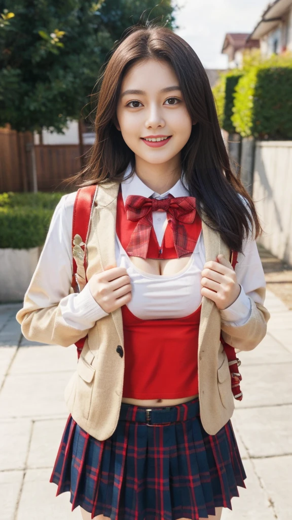 (masterpiece, best quality:1.0), highly detailed,  detail,  1girl , , long hair, brown hair, UNiform, red bowtie, collared shirt, sweater vest, blazer, black blazer, opened jacket, long sleeves, plaid skirt, brown skirt, outdoor,  smile,  standing, cowboy shot, wearing randoseru backpack, (randoseru backpack:1.1), red backpack ,visible cleavage:1.5, peeking navel, perky breast:1.4, visible nipple from shirt:1.5