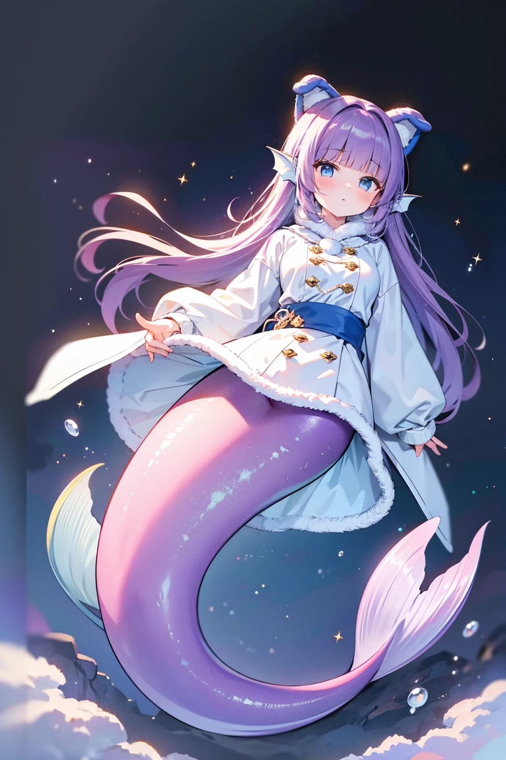 masterpiece, best quality,(perfect five fingers,Four fingers and a thumb in optimal proportions),A girl,Large Breasts,Hair accessories,White sweater,White coat,Fur trim,Winter Clothing,Long sleeve,Fake animal ears,Head fin,Mermaid,紫色的Mermaid尾巴,Tashkent,Purple Hair,blue eyes,long hair,Bangs,full-body shot,seabed,Underwater,Sea view