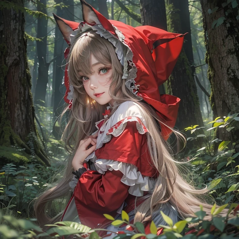 Standing in the forest、Hair flow、 ((highest quality、masterpiece、8k、Best image quality、Ultra-high resolution、Award-winning works)、(Accurate anatomy:1.1)、(Look at me and smile:1.1)、Shining fair skin with Ultra-high resolution、The most detailed face、Ultra-high resolution detailed face、Ultra-high resolutionの髪の毛、(Ultra-high resolution eye:1.1)、Beautiful face drawn in every detail、little red riding hood Costume , Chest to chest, Strange atmosphere, A real werewolf stares at her........, Dark Light, in the forest , Heavy makeup