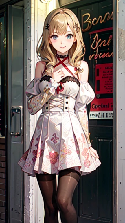 fuzoku, storefront, scenery,, ultra detailed, masterpiece, best quality, aesthetic, detailed,, solo, soft smile, light smile,
1girl, blue eyes, very long hair, blonde hair, long blonde hair, french braid, bangs, medium breasts,, hair ribbon, frilled choker, criss-cross halter, sleeveless dress, high-waist skirt, backless dress, waist bow, detached sleeves, frilled sleeves, wide sleeves, pantyhose, patterned legwear, mary janes,