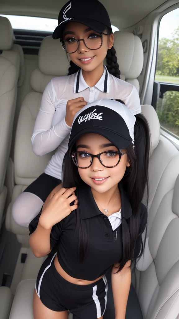 Mexican female、Golfer、randam angle、Spanning Caddy Bag、Polo shirt wet with sweat、Smaller chest、Perfectly sheer of、Arm Cover、Narrowed eyes、kawaii faces、Rin々Facial expressions、caps、poneyTail、masutepiece、top-quality、14years, Glasses