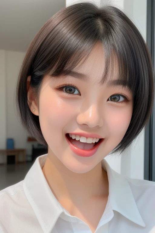 1 korean girl、high school Student uniform、very beautiful face、strikingly beautiful, eyes hook the soul seduces you, shiny white shiny skin、Best Looks、black hair, ((very short hair)), Very beautiful 17 year old、Big eyes that shine crystal clear light blue、Beautiful cute beautiful girl, (((super close up of mouth)))、(Opens mouth wide and shows throat)、(Smile with mouth wide open)、tongue、long tongue、(tongue out)、teak、lip, ((awe and joy expression)),