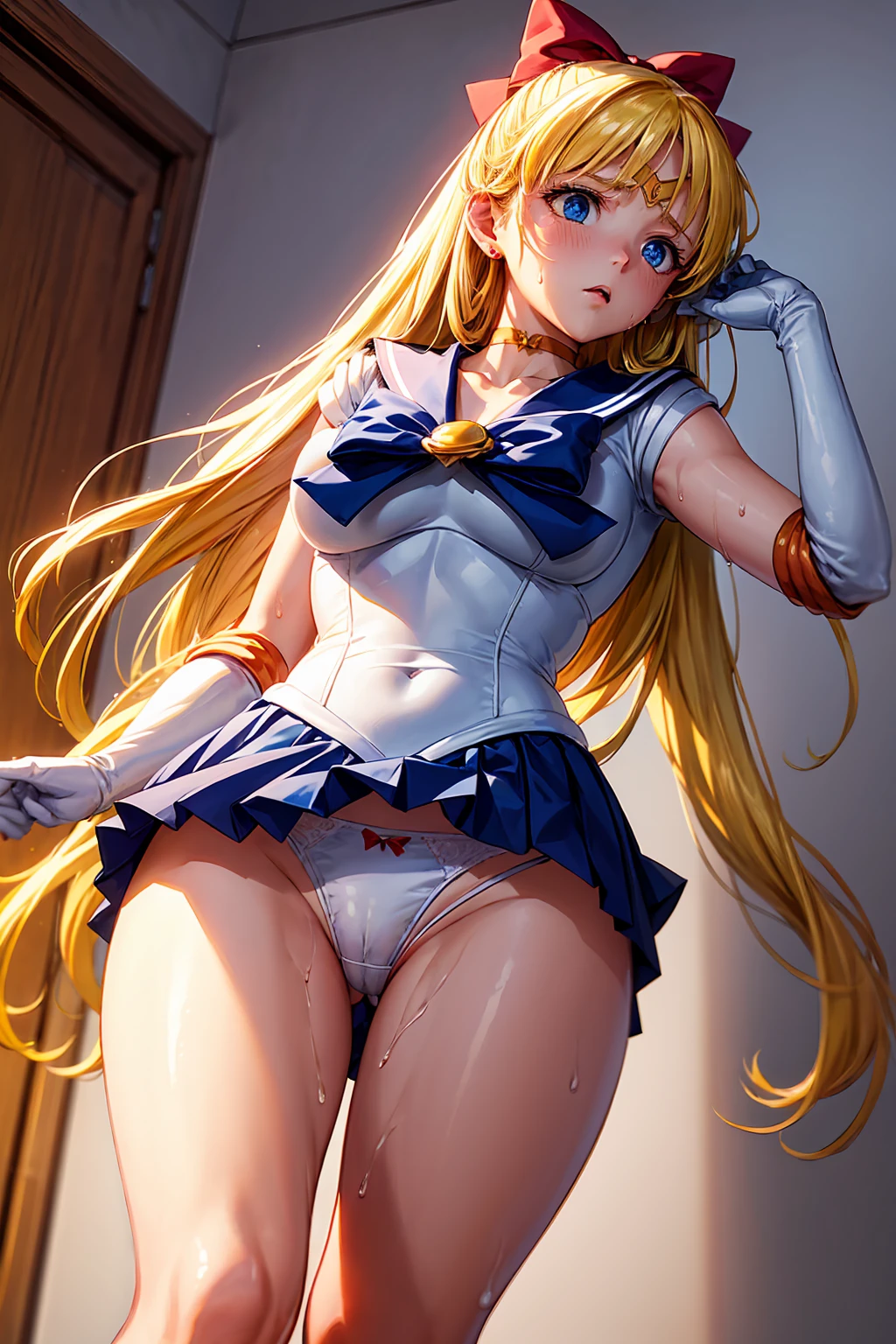 masterpiece, Highest quality, High resolution, Show more1, land, Sailor Warrior Uniforms,18Year Troubled face {{{{{Torn Skirt}}}}}++ this,Sailor Venus, Minako Aino, thisロンドの髪, Magical girl, blue eyes, Orange Skirt, Elbow Bag, tiara, Pleated skirt, Hair Ribbon, Orange Sailor Collar, mini skirt, choker, Red Bow, オレンジchoker, White gloves, Very long hair, jewelry, Earrings Angle from below atmospheric bedroom Sweating profusely Sweat in the crotch area Wet Panties