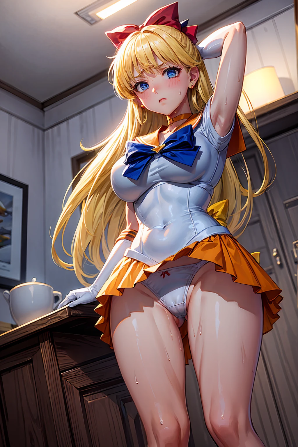 masterpiece, Highest quality, High resolution, Show more1, land, Sailor Warrior Uniforms,18Year Troubled face {{{{{Torn Skirt}}}}}++ this,Sailor Venus, Minako Aino, thisロンドの髪, Magical girl, blue eyes, Orange Skirt, Elbow Bag, tiara, Pleated skirt, Hair Ribbon, Orange Sailor Collar, mini skirt, choker, Red Bow, オレンジchoker, White gloves, Very long hair, jewelry, Earrings Angle from below atmospheric bedroom Sweating profusely Sweat in the crotch area Wet Panties