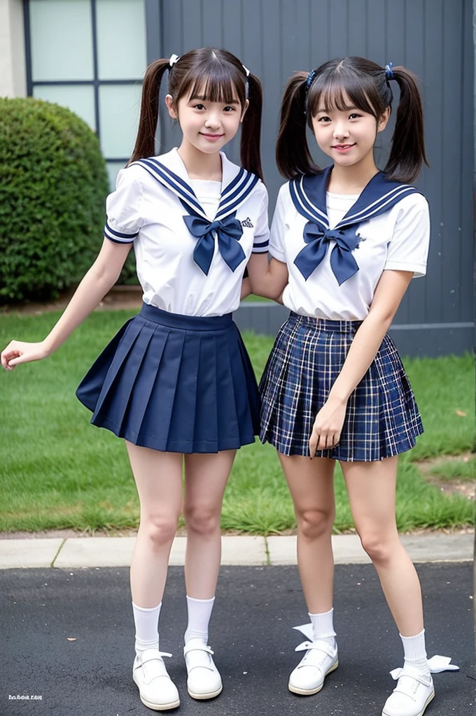 2 girls standing in school yard,short-sleeved white sailor leotard with navy blue skirt frills,plaid bow tie,school bags,18-year-old,bangs,a little smile,large bare thighs,knees,legs apart,short hair with low pigtails,from before,front light