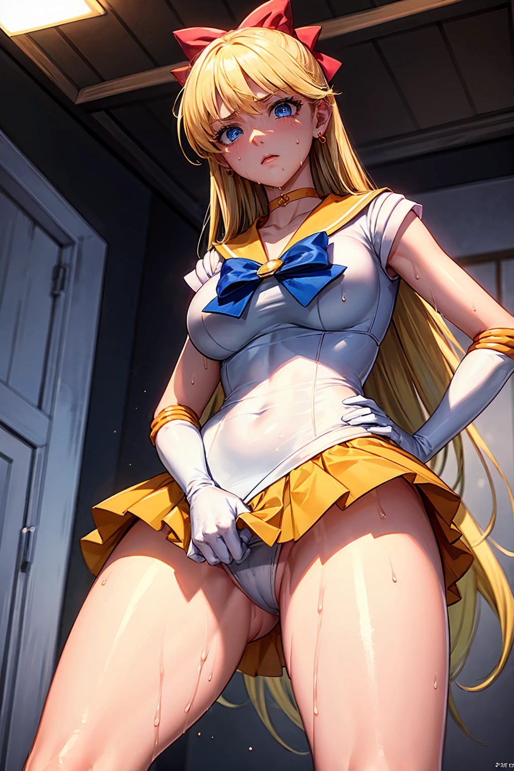 masterpiece, Highest quality, High resolution, Show more1, land, Sailor Warrior Uniforms,18Year Troubled face {{{{{Torn Skirt}}}}}++ this,Sailor Venus, Minako Aino, thisロンドの髪, Magical girl, blue eyes, Orange Skirt, Elbow Bag, tiara, Pleated skirt, Hair Ribbon, Orange Sailor Collar, mini skirt, choker, Red Bow, オレンジchoker, White gloves, Very long hair, jewelry, Earrings Angle from below atmospheric bedroom Sweating profusely Sweat in the crotch area Wet Panties