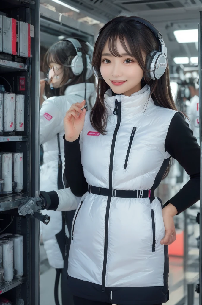 masterpiece, Highest quality, Very detailed, 8K Portrait,Japanese Android Girl,plump , Control panel,Robotic arms and legs, Blunt bangs,,break (Metallic Gray, Metallic luster, Mirror finish, Astro Best):5,headphone:5,break (Black sleeves):100,Smart Watches,Futuristic space station,Control Room,break headphone,blue eyes,(Black Hair):2,(Long Hair):1.3,Displaying the viewer,(respirator),break blush:3,Hidden Hand,smile
