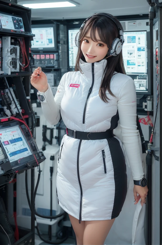 masterpiece, Highest quality, Very detailed, 8K Portrait,Japanese Android Girl,plump , Control panel,Robotic arms and legs, Blunt bangs,,break (Metallic Gray, Metallic luster, Mirror finish, Astro Best):5,headphone:5,break (Black sleeves):100,Smart Watches,Futuristic space station,Control Room,break headphone,blue eyes,(Black Hair):2,(Long Hair):1.3,Displaying the viewer,(respirator),break blush:3,Hidden Hand,smile