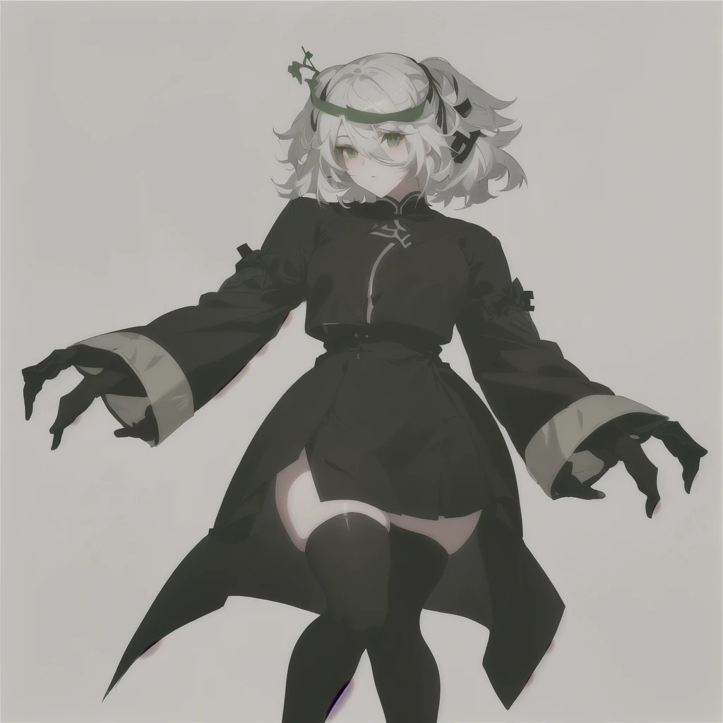anime character with white hair and black clothes and a green headband, guweiz, neutral pose, guweiz on pixiv artstation, , nier 2 b, full body portrait of a short!, guweiz on artstation pixiv, in dress, zerochan art, nier, 2b nier automata, loli