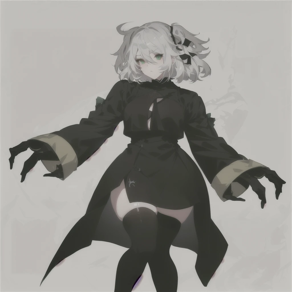 anime character with white hair and black clothes and a green headband, guweiz, neutral pose, guweiz on pixiv artstation, , nier 2 b, full body portrait of a short!, guweiz on artstation pixiv, loli in dress, zerochan art, nier, 2b nier automata, lolish