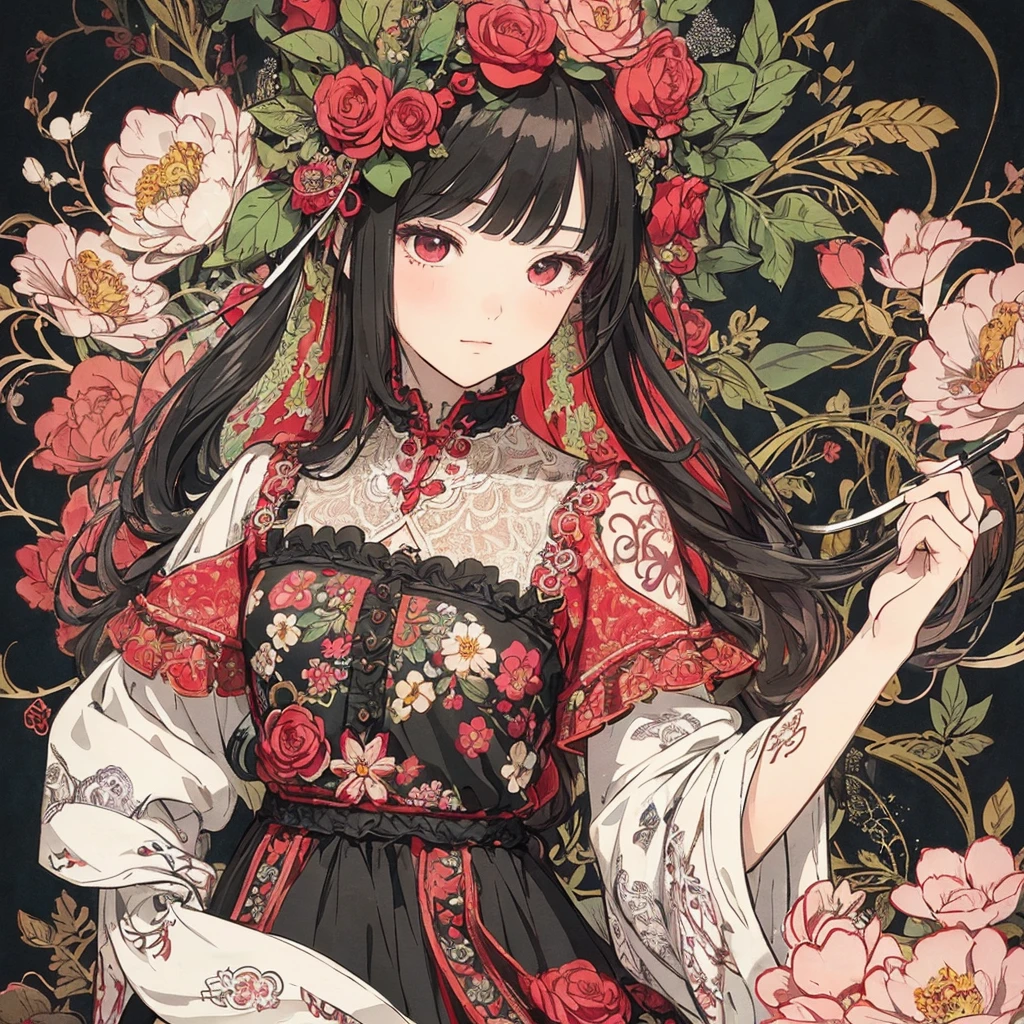 (​masterpiece、top-quality、top-quality、Official art、Beautifully Aesthetic:1.2)、(1girl in:1.3)、ighly detailed、(Fractal Art:1.1)、（color:1.1) (florals:1.3)、(line-drawing)、line-drawing、Pen drawing、Zentangle、(Tattoo patterns:1.2)、(complex lines)、(​masterpiece)、(top-quality:1.1)、(ultra-detailliert)、The best illustrations、finely detail、hand-drawn high quality、highly contrast、(Clean lines:1.3)、ligne claire、(portlate)、(very closeup:1.1)、girly fashion、antique、Red-black、1 girl in、catss、solo、A girl is surrounded by flowers、(intricate-detail:1.3)、(detailedbackground:1.2)、(coloured background:1.1)、Sketched、intricate-detail、hight resolution