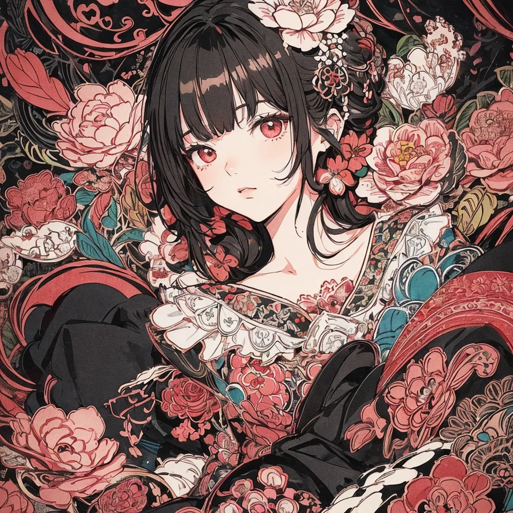 (​masterpiece、top-quality、top-quality、Official art、Beautifully Aesthetic:1.2)、(1girl in:1.3)、ighly detailed、(Fractal Art:1.1)、（color:1.1) (florals:1.3)、(line-drawing)、line-drawing、Pen drawing、Zentangle、(Tattoo patterns:1.2)、(complex lines)、(​masterpiece)、(top-quality:1.1)、(ultra-detailliert)、The best illustrations、finely detail、hand-drawn high quality、highly contrast、(Clean lines:1.3)、ligne claire、(portlate)、(very closeup:1.1)、girly fashion、antique、Red-black、1 girl in、catss、solo、A girl is surrounded by flowers、(intricate-detail:1.3)、(detailedbackground:1.2)、(coloured background:1.1)、Sketched、intricate-detail、hight resolution