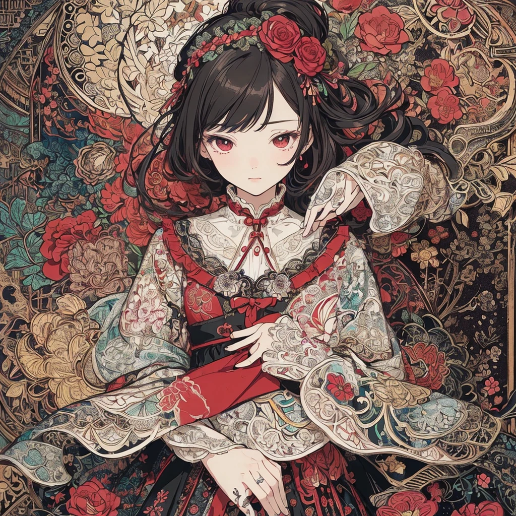 (masterpiece、top-quality、top-quality、Official art、Beautifully Aesthetic:1.2)、(1girl in:1.3)、ighly detailed、(Fractal Art:1.1)、(color:1.1) (florals:1.3)、(line-drawing)、line-drawing、Pen drawing、Zentangle、(Tattoo patterns:1.2)、(complex lines)、(masterpiece)、(top-quality:1.1)、(ultra-detailliert)、The best illustrations、finely detail、hand-drawn high quality、highly contrast、(Clean lines:1.3)、ligne claire、(portlate)、(very closeup:1.1)、girly fashion、antique、Red-black、1 girl in、catss、solo、A girl is surrounded by flowers、(intricate-detail:1.3)、(detailedbackground:1.2)、(coloured background:1.1)、Sketched、intricate-detail、hight resolution