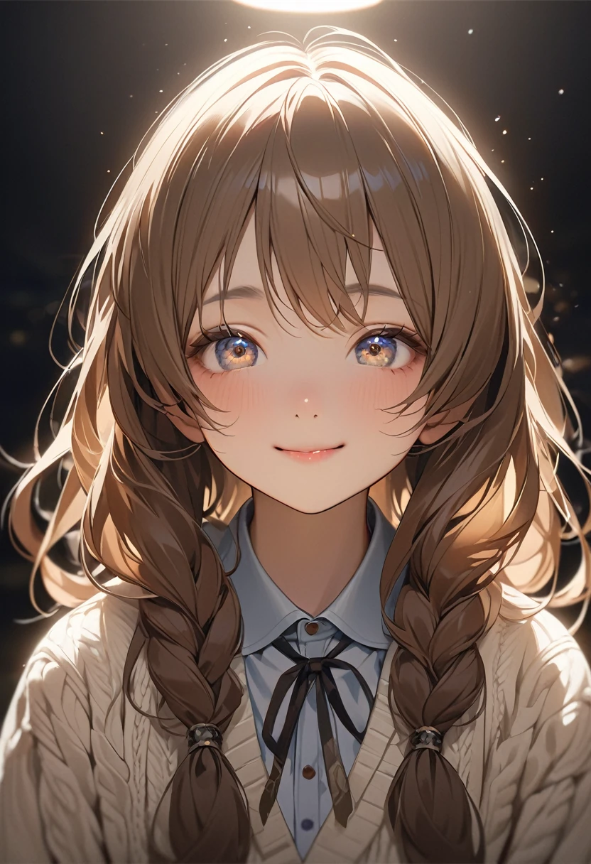 masterpiece, cowboy shot, 12-year-old 1loli、independent、Look forward、Light eye makeup、Brown Hair Color、flat 、Hair blowing in the wind、Quality of actress、Shiny, Ultra-realistic faces、smile、Watery eyes、look up、Soothing lighting effects、 Ultra-Realistic Capture、Very detailed、High resolution 16k human skin closeup。Skin texture must be natural、Must be so detailed that pores are visible、skin is healthy、Must be of knitwear tone、Use natural light and color、High quality photos taken by modeling agencies'Exclusive photographer、smile, loose and light weight knitwear, shoulder out, cleavage of the breasts, bare crotch