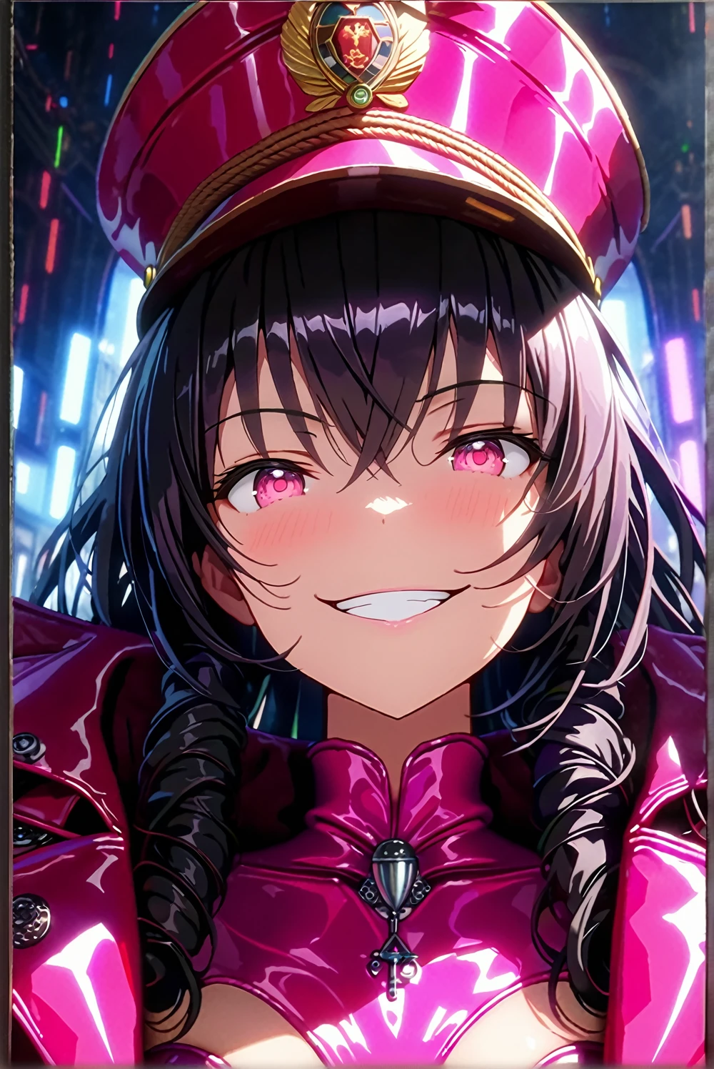 masterpiece, best quality, 1girl,sadistic smile,pink eyes,black hair, (finely detailed beautiful eyes and detailed face),pink leotard,latex costume,military coat,military hat,cinematic lighting,bust shot,extremely detailed CG unity 8k wallpaper,solo,(enamel leotard:0.3),