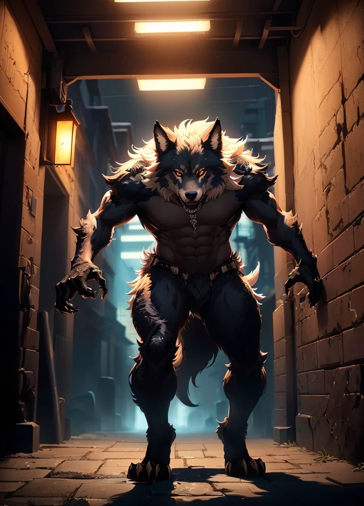 um close de uma pessoa em um beco escuro com um gato nas costas, muscular lobisomem, angry high moral sexy lobisomem, lobisomem, um lobo minotauro, lobisomem man, lobisomem?, badass anime 8 k, werewolf", arte estilizada de fantasia urbana, portrait of a lobisomem, an anthropomorphic wolf, um lobo antro, from cryptid academia