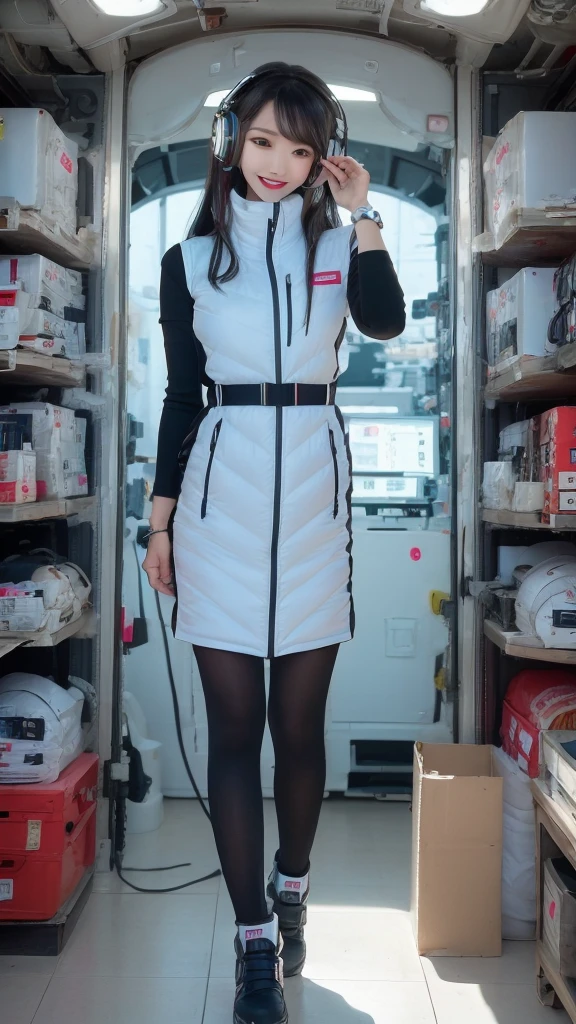 masterpiece, Highest quality, Very detailed, 8K Portrait,Japanese Android Girl,plump , Control panel,Robotic arms and legs, Blunt bangs,,break (Metallic Gray, Metallic luster, Mirror finish, Astro Best):5,headphone:5,break (Black sleeves):100,Smart Watches,Futuristic space station,Control Room,break headphone,blue eyes,(Black Hair):2,(Long Hair):1.3,Displaying the viewer,(respirator),break blush:3,Hidden Hand,smile