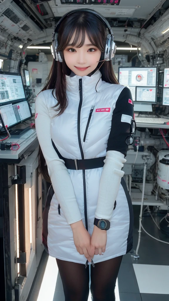 masterpiece, Highest quality, Very detailed, 8K Portrait,Japanese Android Girl,plump , Control panel,Robotic arms and legs, Blunt bangs,,break (Metallic Gray, Metallic luster, Mirror finish, Astro Best):5,headphone:5,break (Black sleeves):100,Smart Watches,Futuristic space station,Control Room,break headphone,blue eyes,(Black Hair):2,(Long Hair):1.3,Displaying the viewer,(respirator),break blush:3,Hidden Hand,smile