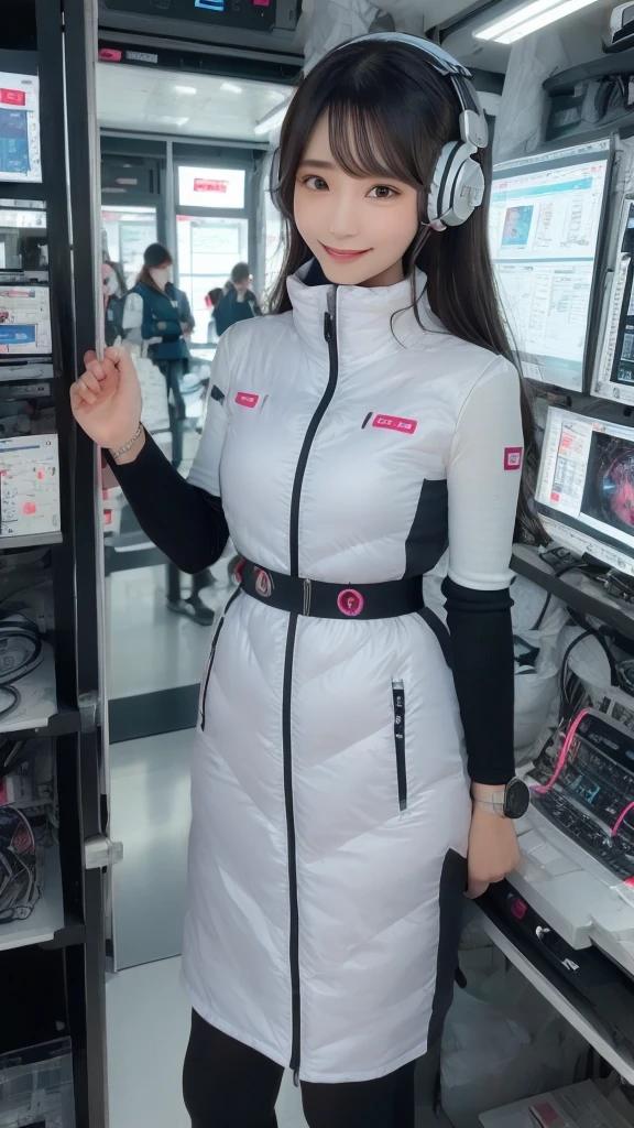masterpiece, Highest quality, Very detailed, 8K Portrait,Japanese Android Girl,plump , Control panel,Robotic arms and legs, Blunt bangs,,break (Metallic Gray, Metallic luster, Mirror finish, Astro Best):5,headphone:5,break (Black sleeves):100,Smart Watches,Futuristic space station,Control Room,break headphone,blue eyes,(Black Hair):2,(Long Hair):1.3,Displaying the viewer,(respirator),break blush:3,Hidden Hand,smile