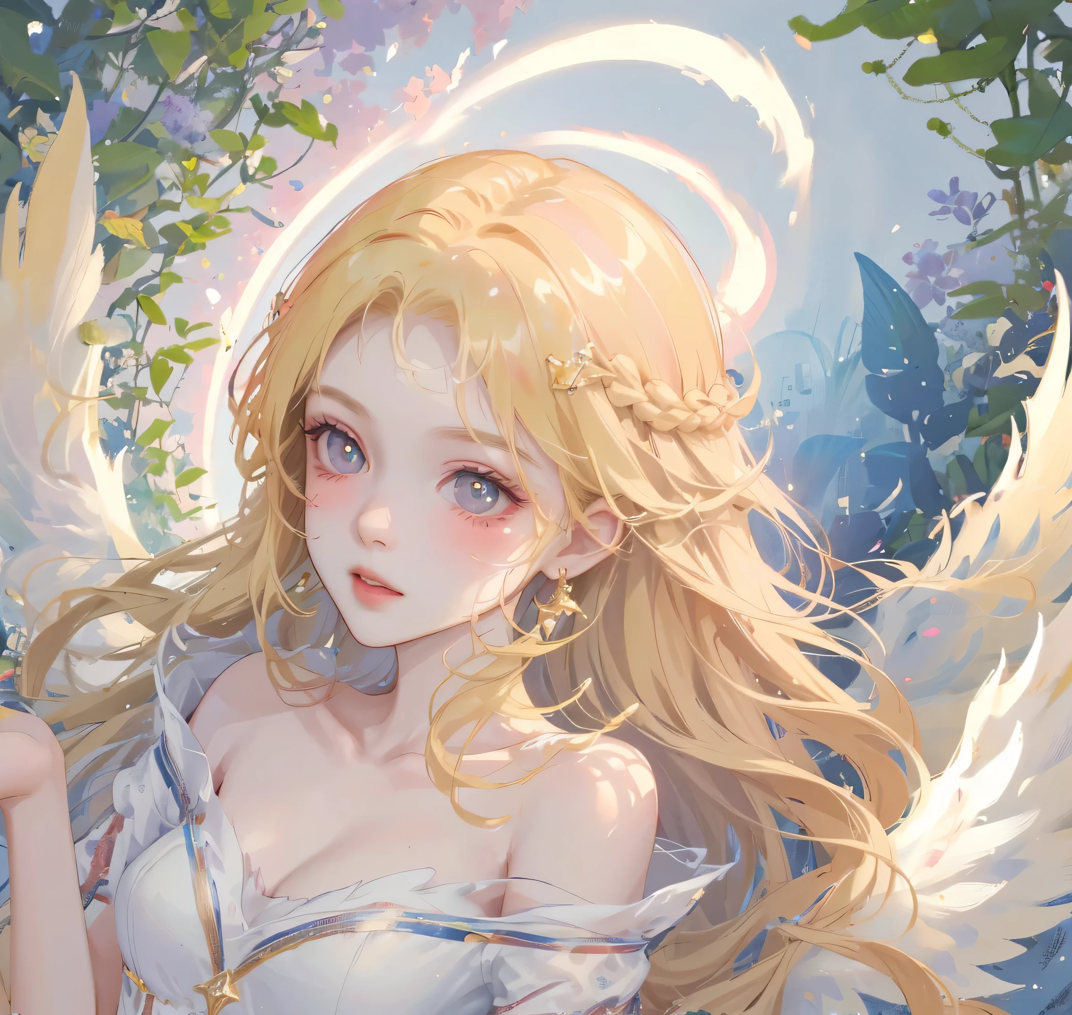(High quality) (best quality) (A woman) (correct physiognomy) woman, long blonde hair with bangs on her forehead, four small angel wings emerge from her head, two on the left side and two on the right side, two wings of angel emerging from her back, a golden halo behind her head, golden eyes, sensitive lips, feminine appearance, soft facial features, thin eyebrows, soft skin, slightly blushed cheeks, pink lips, silky eyelashes, dreamy expression, middle age , white dress with straps on the shoulders, skirt cut diagonally leaving one leg exposed, location of the photo the woman must be in the middle of the forest, photo illuminated by sunlight, full body proportion, showing in the photo the body from head to torso